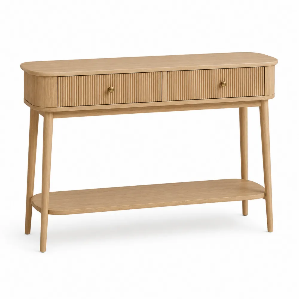 Console en bois de chêne avec tiroirs et étagère