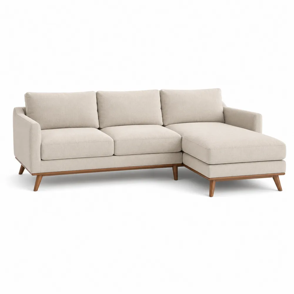 Canapé d'angle en tissu beige avec pieds en bois
