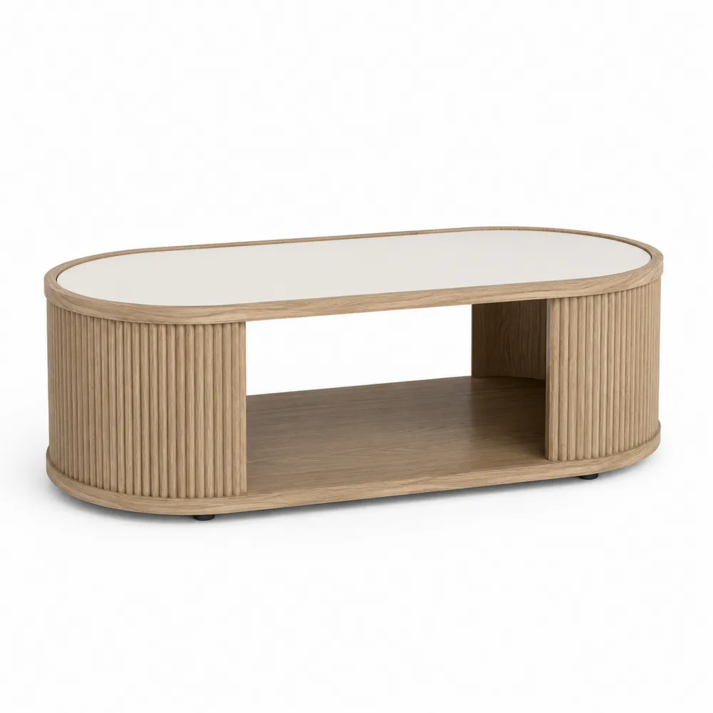 Table basse ovale en bois avec plateau en verre trempé blanc