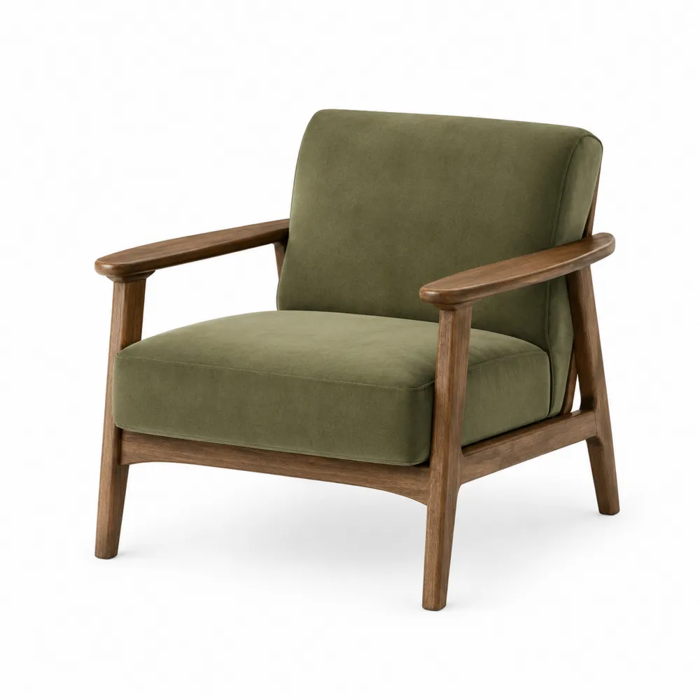 Fauteuil en bois avec revêtement en tissu vert