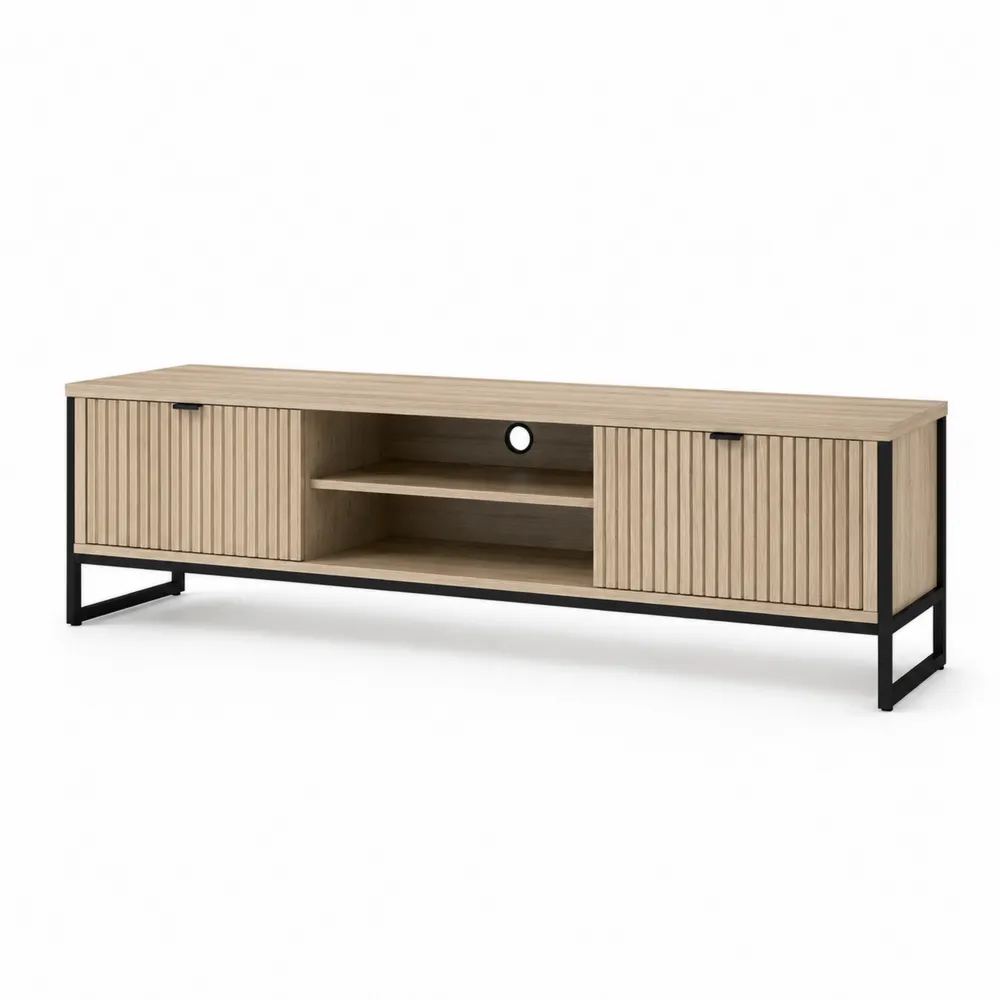 Meuble TV en bois et métal avec 2 portes et étagères ouvertes 160x40x50 cm