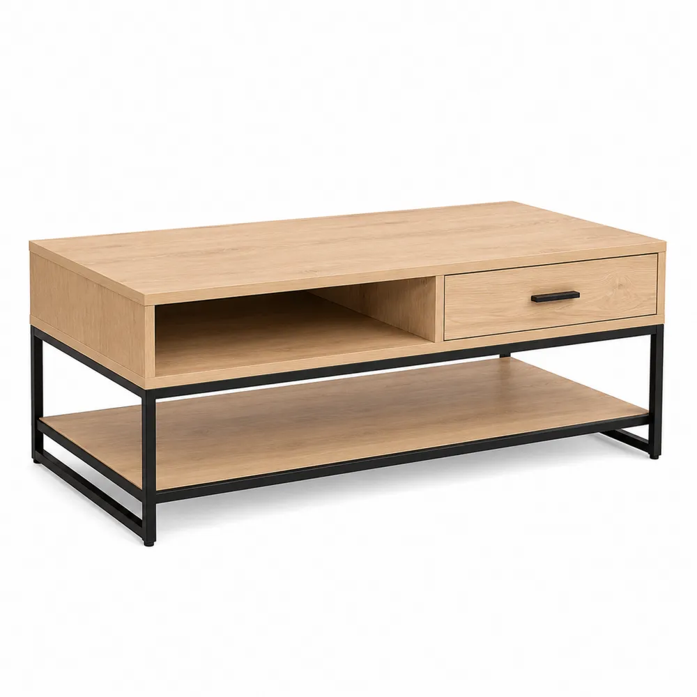 Table basse en bois de chêne et métal noir avec tiroir
