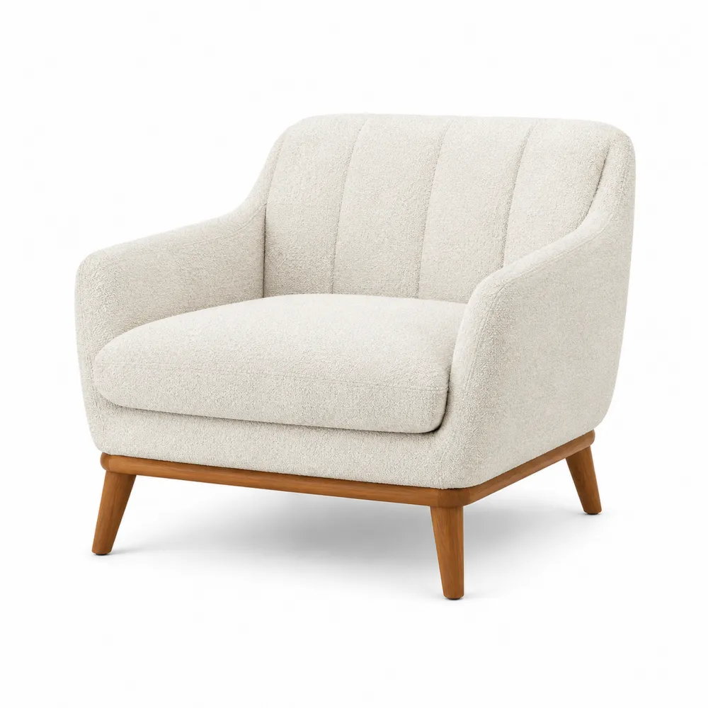 Fauteuil en tissu bouclé blanc avec pieds en bois