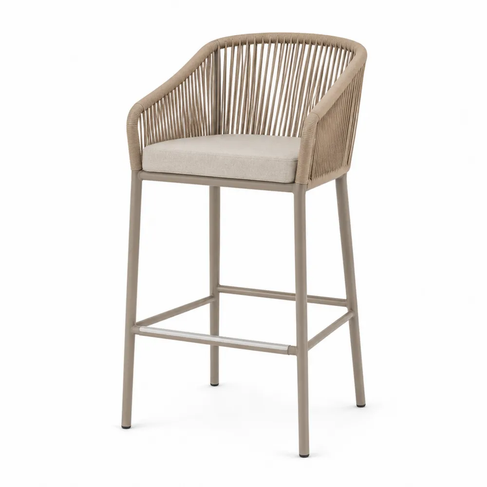 Tabouret de bar en aluminium avec corde et coussin en polyester beige
