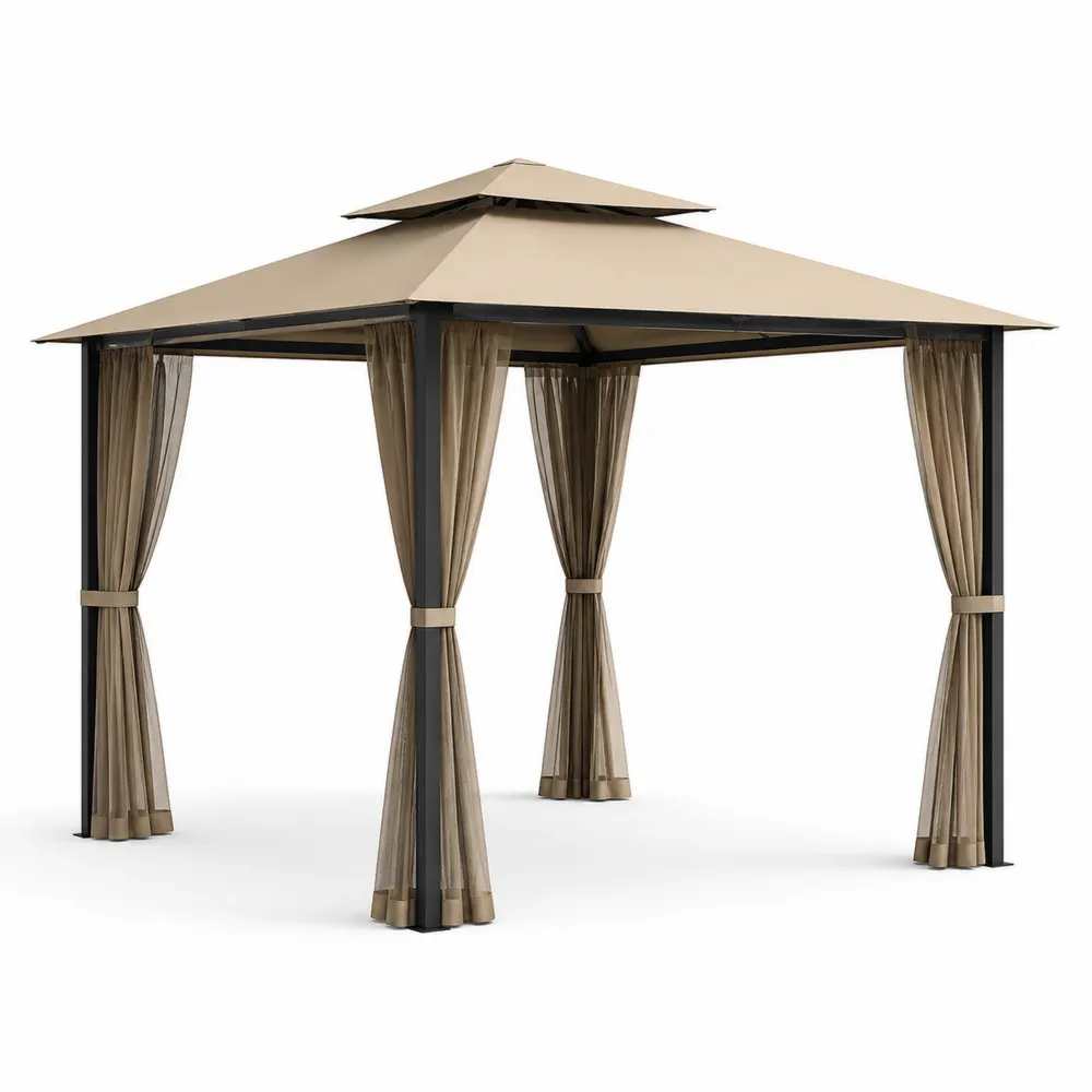 Pavillon de Jardin en Aluminium 3x3m avec Rideaux en Maille Beiges