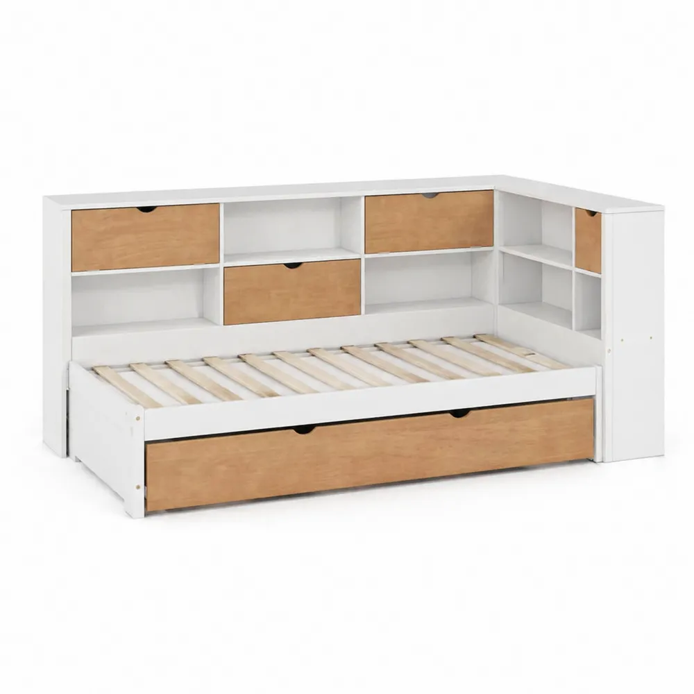 Cama nido de madera con cajones y estantería integrada 200x90 cm