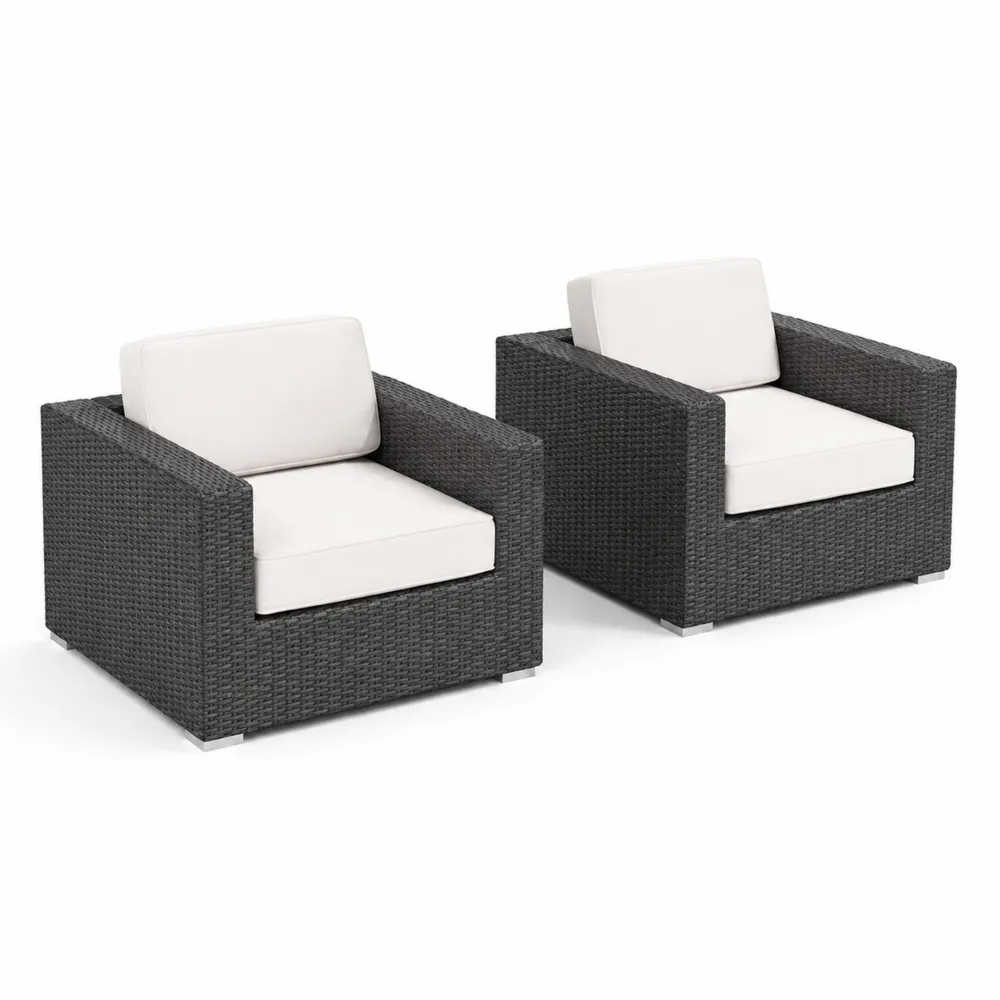 Juego de sillones de ratán sintético gris oscuro con cojines blancos