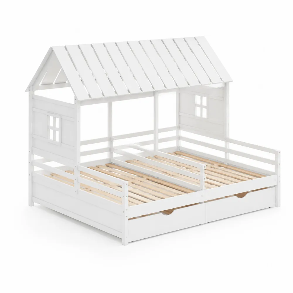 Cama infantil de madera con diseño de casa y cajones, Blanco/Natural, 200x90 cm