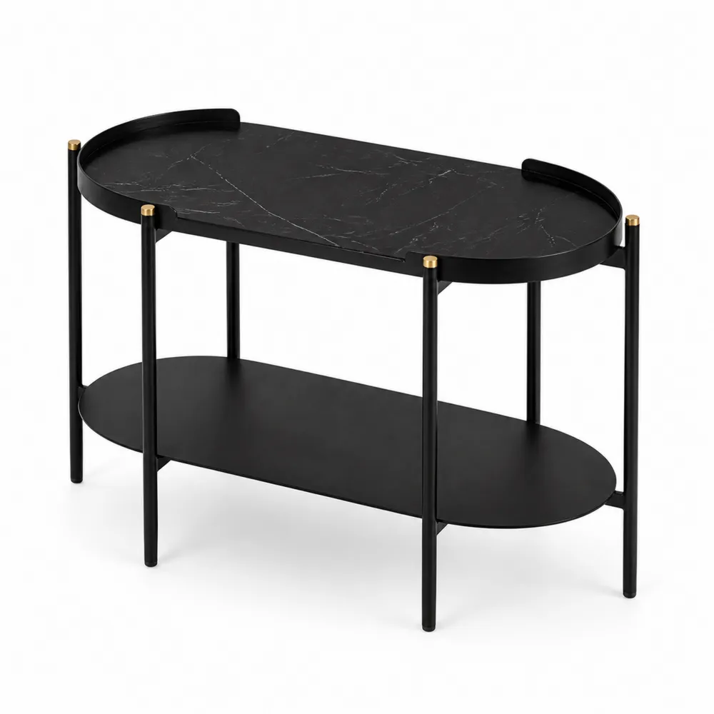 Mesa auxiliar de mármol negro y metal de dos niveles