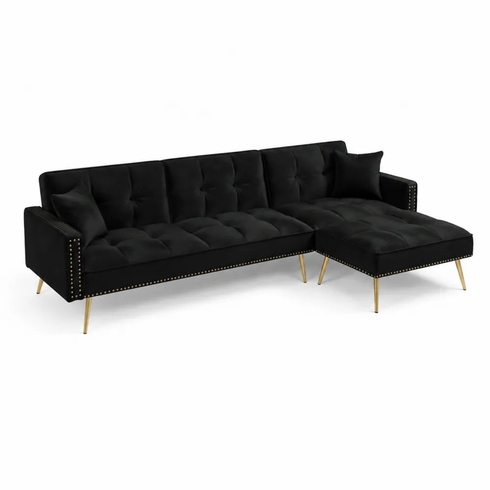 Sofá seccional de terciopelo negro con patas de metal doradas
