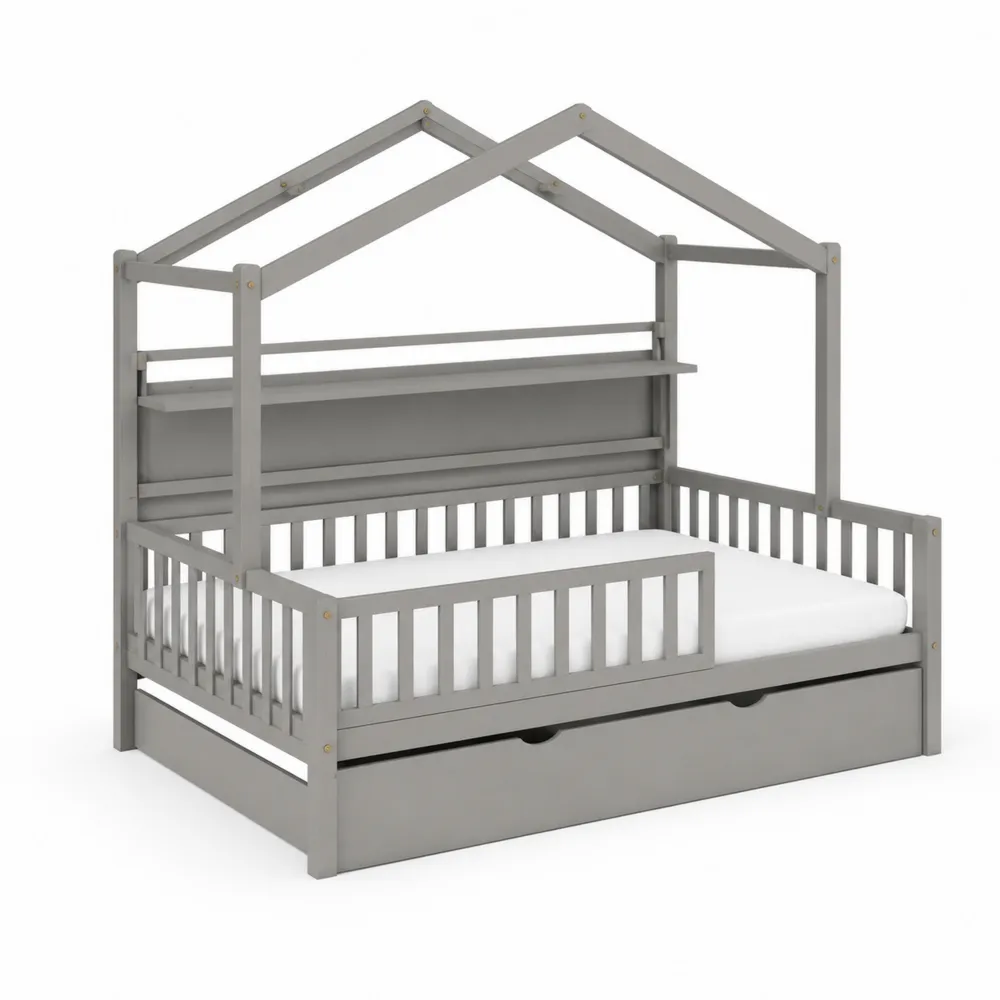 Cama infantil de madera gris con diseño de casa y almacenamiento