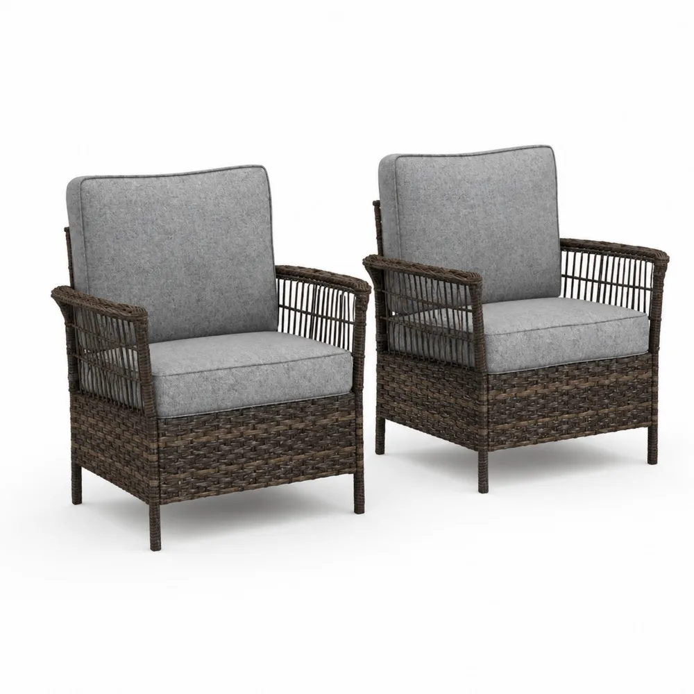 Conjunto de sillones de mimbre sintético con cojines grises