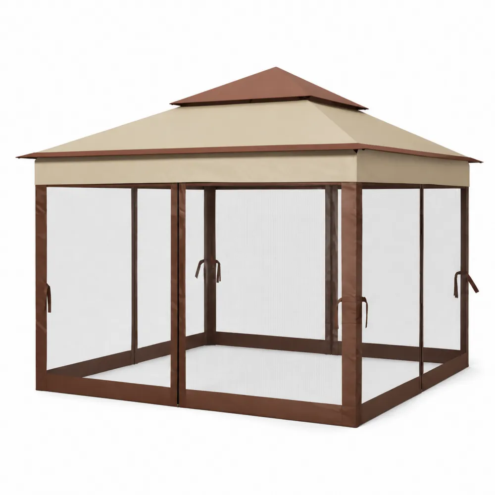 Pérgola de Jardín 3x3 m con Techo de Poliéster Beige y Estructura Metálica Marrón