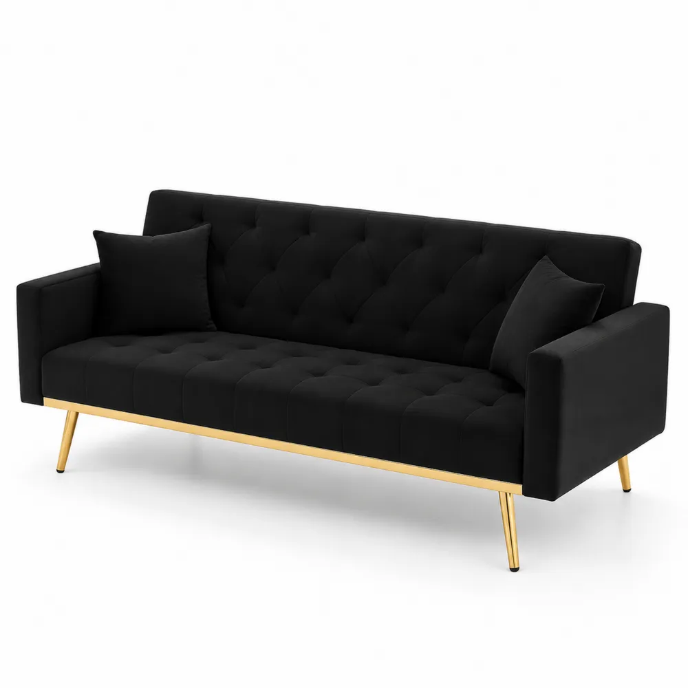 Sofá de terciopelo negro con patas de acero 190 cm