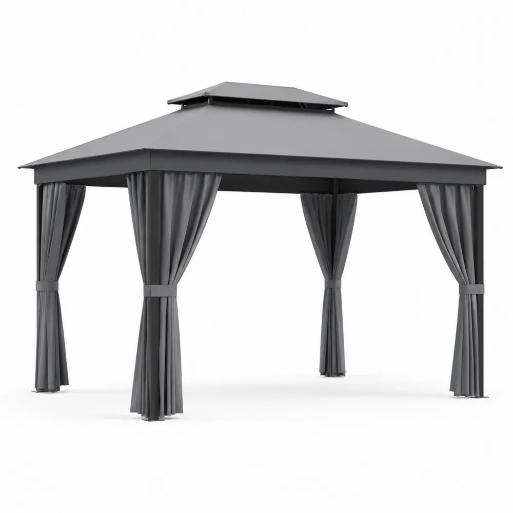 Pérgola de metal con techo doble y cortinas color gris