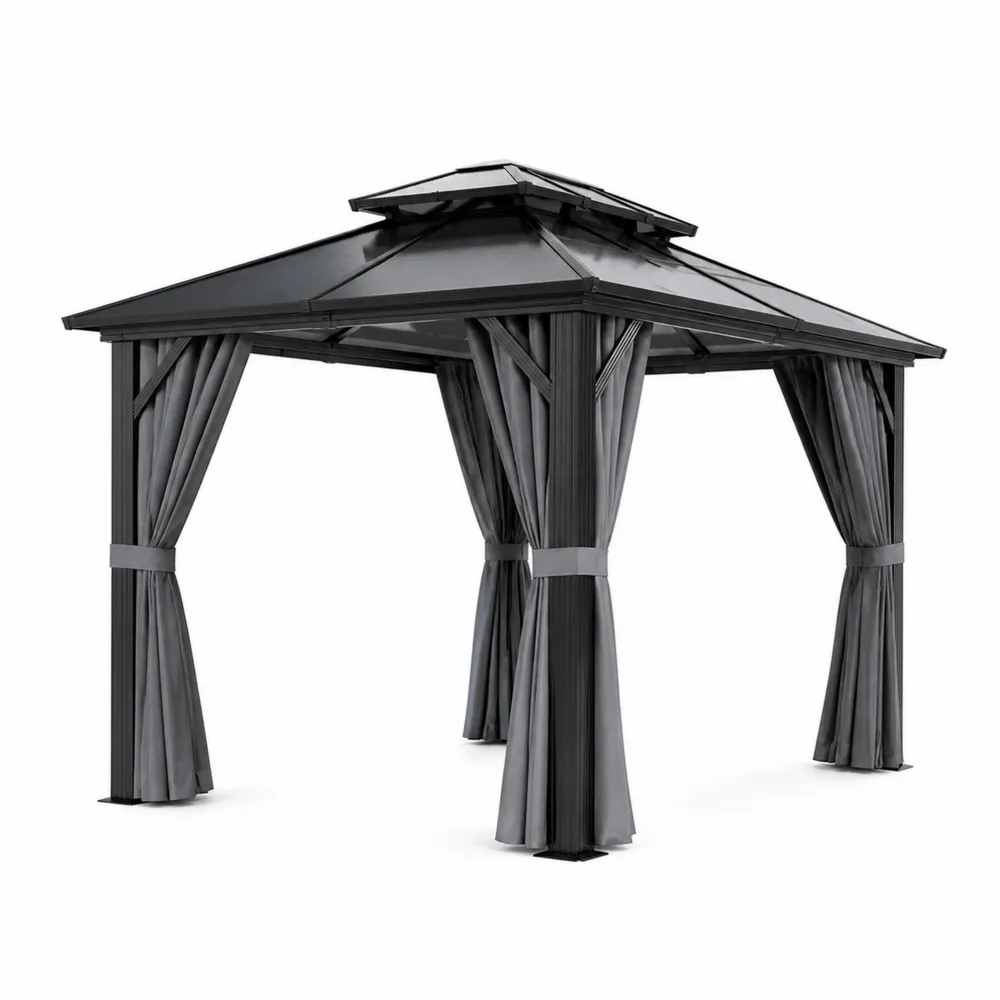 Gazebo de Aluminio 3x3m con Techo de Policarbonato y Cortinas de Poliéster