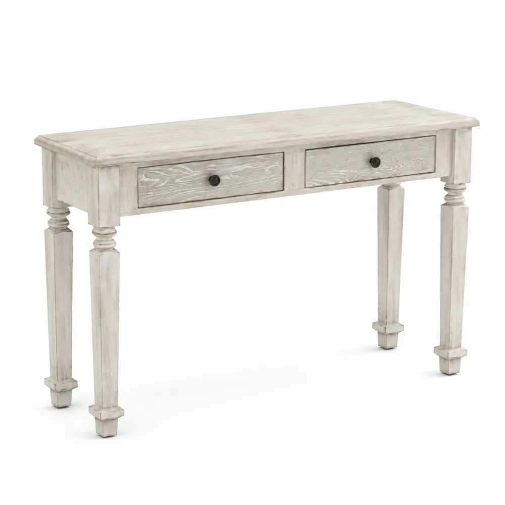 Mesa consola de madera con 2 cajones, 120x40x80 cm, Blanco envejecido