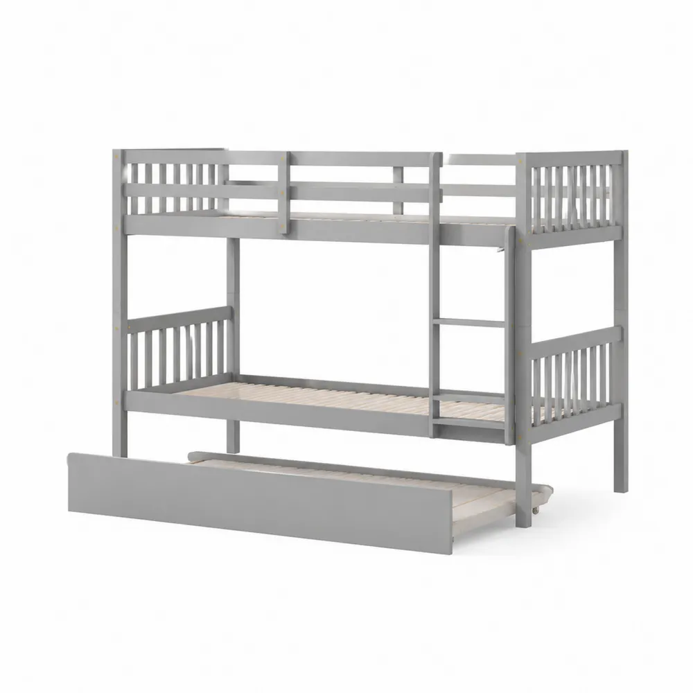 Litera triple de madera con cama adicional y escalera gris