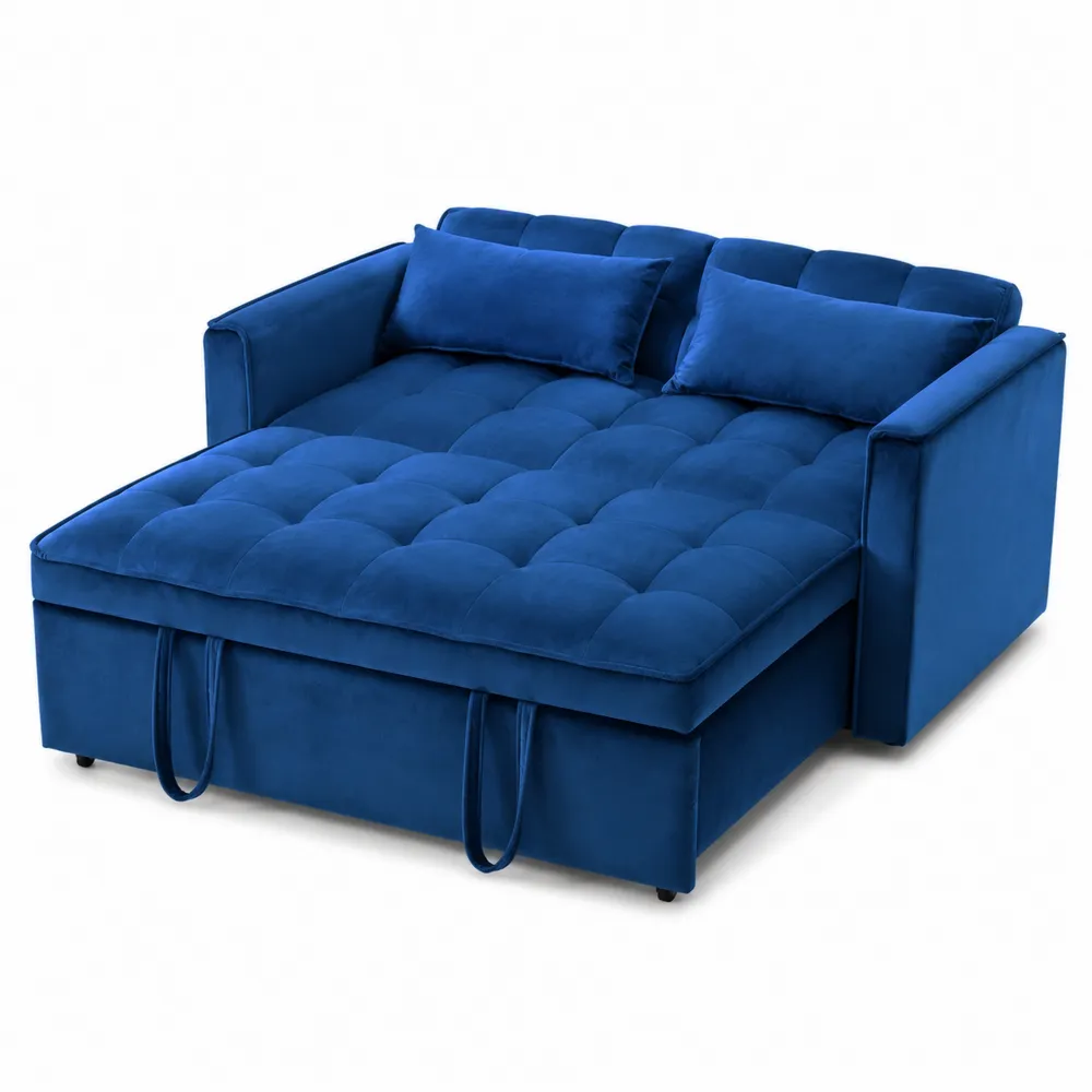 Sofá cama de tela azul con almacenamiento