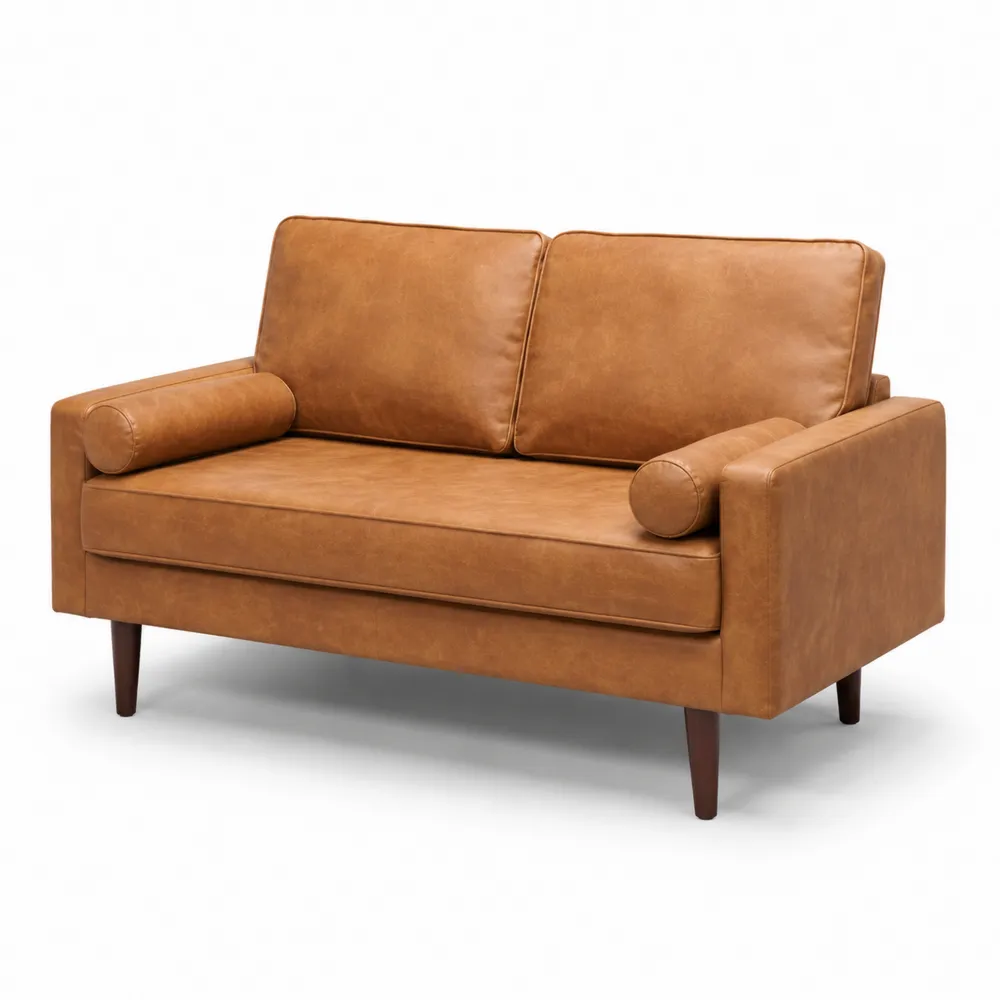 Sofá loveseat de piel sintética marrón con patas de madera