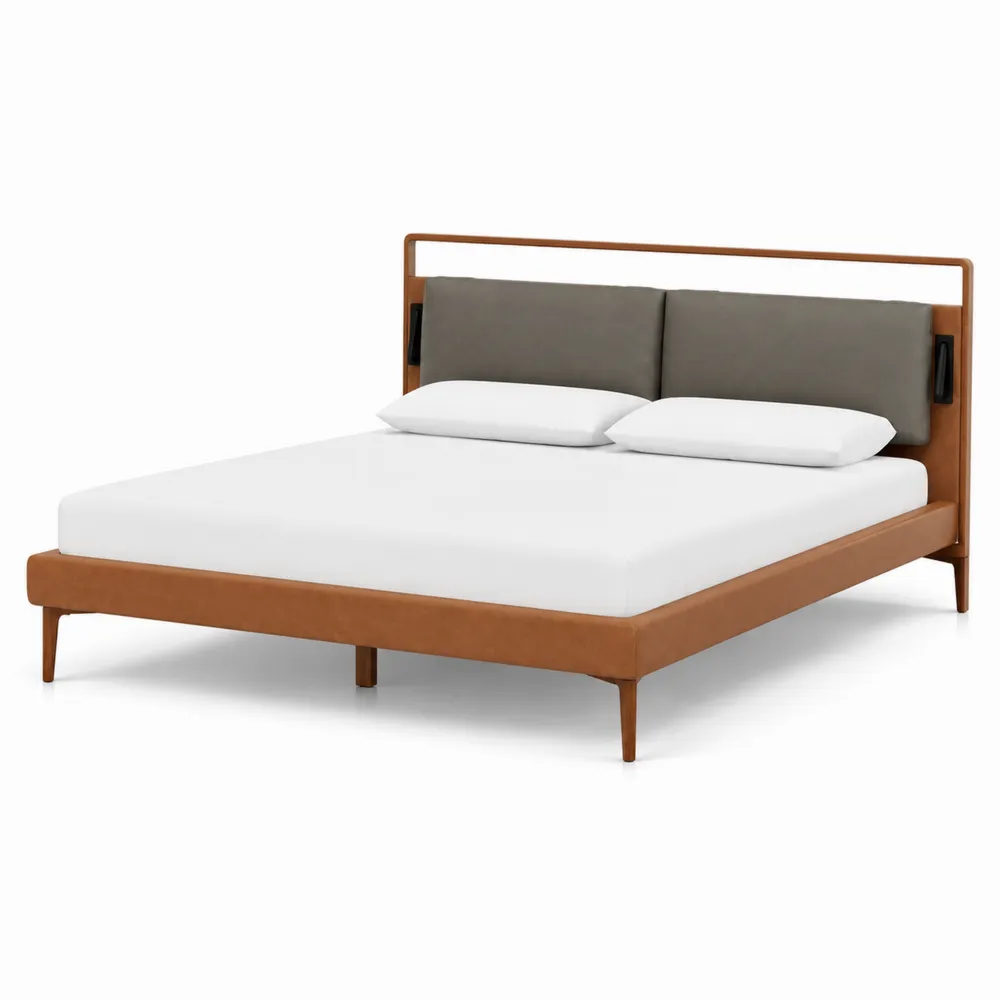 Cama doble de madera con tapizado de piel sintética Marrón 200x160 cm
