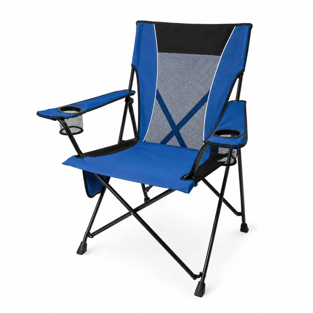 Silla plegable de poliéster azul y negro con portavasos