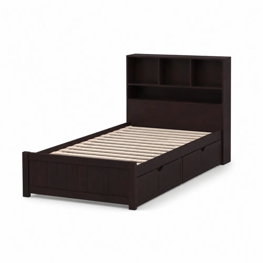 Cama individual de madera Marrón oscuro con almacenamiento y estantería