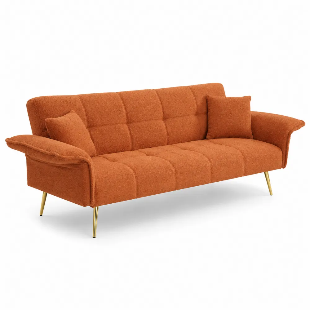 Sofá de tela naranja con patas de metal dorado