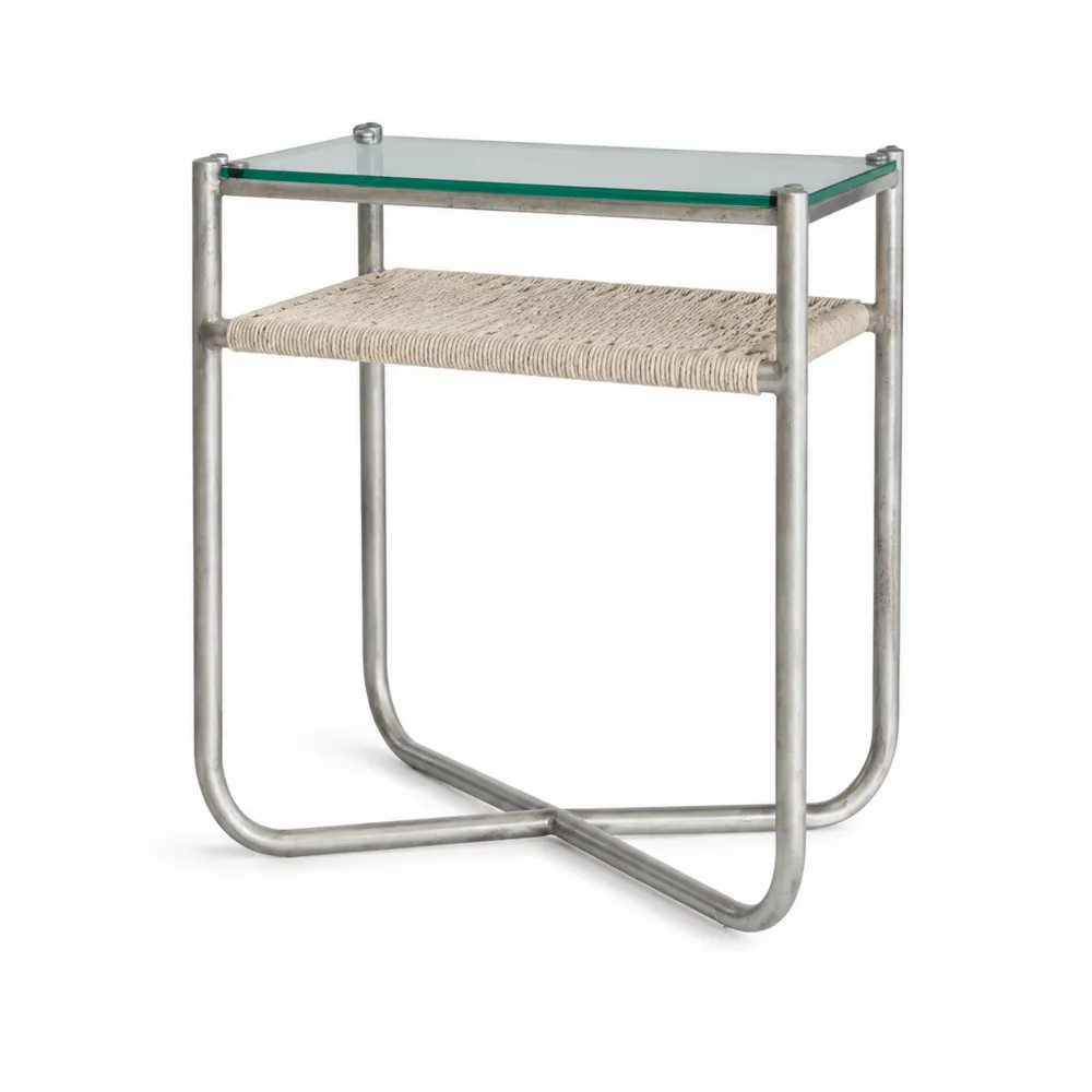 Mesa auxiliar de vidrio templado y metal con estante de cuerda sintética
