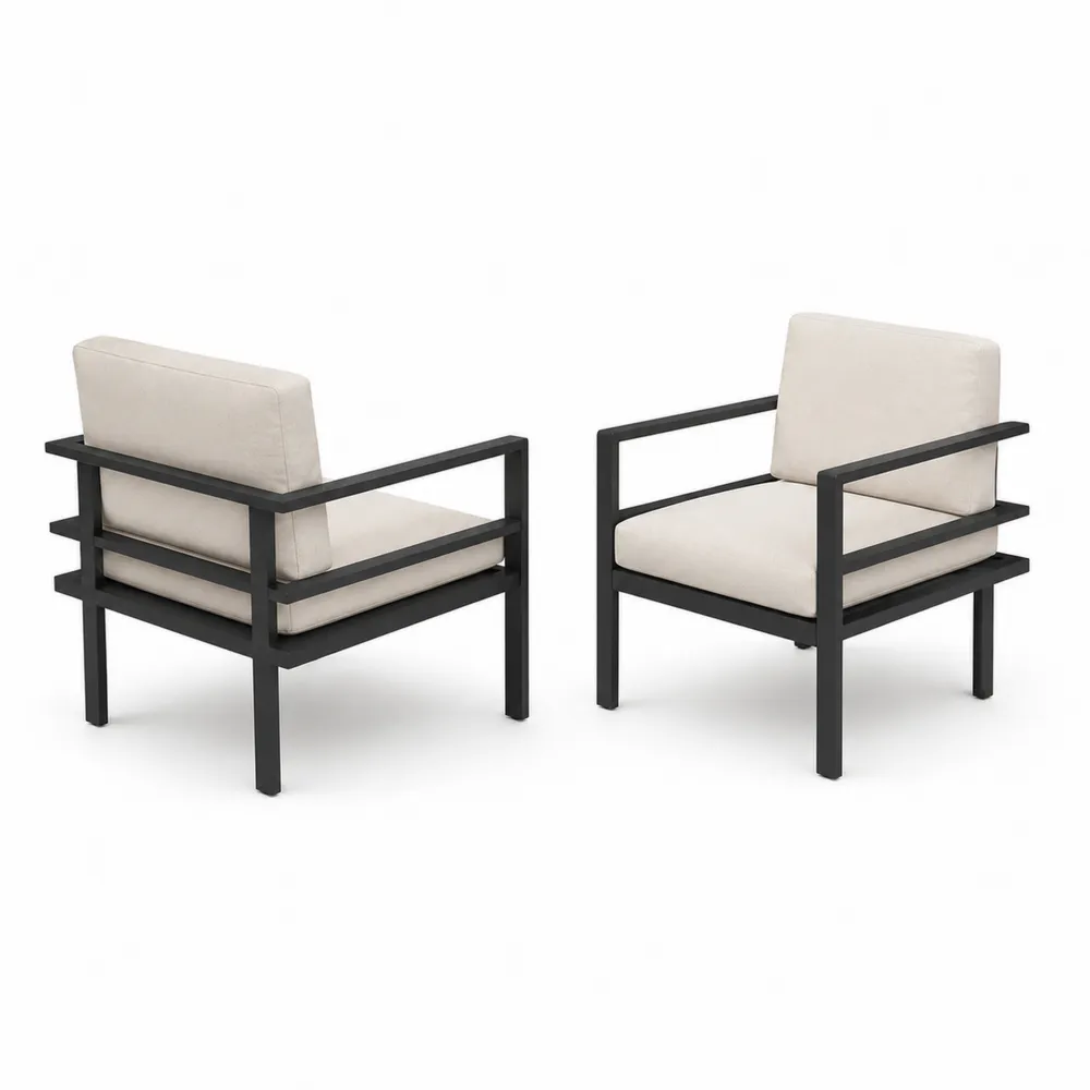Set de 2 sillones de aluminio negro con cojines de poliéster beige
