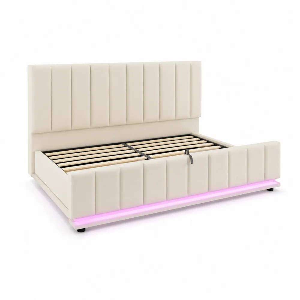 Cama tapizada en polipiel beige con luz LED 200x160 cm