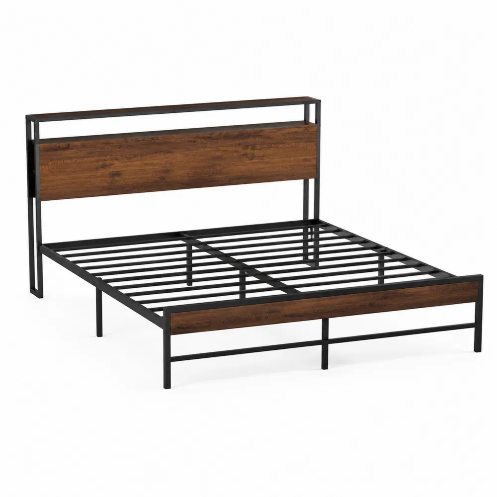 Cama doble de metal negro con cabecero de contrachapado marrón 200x150 cm