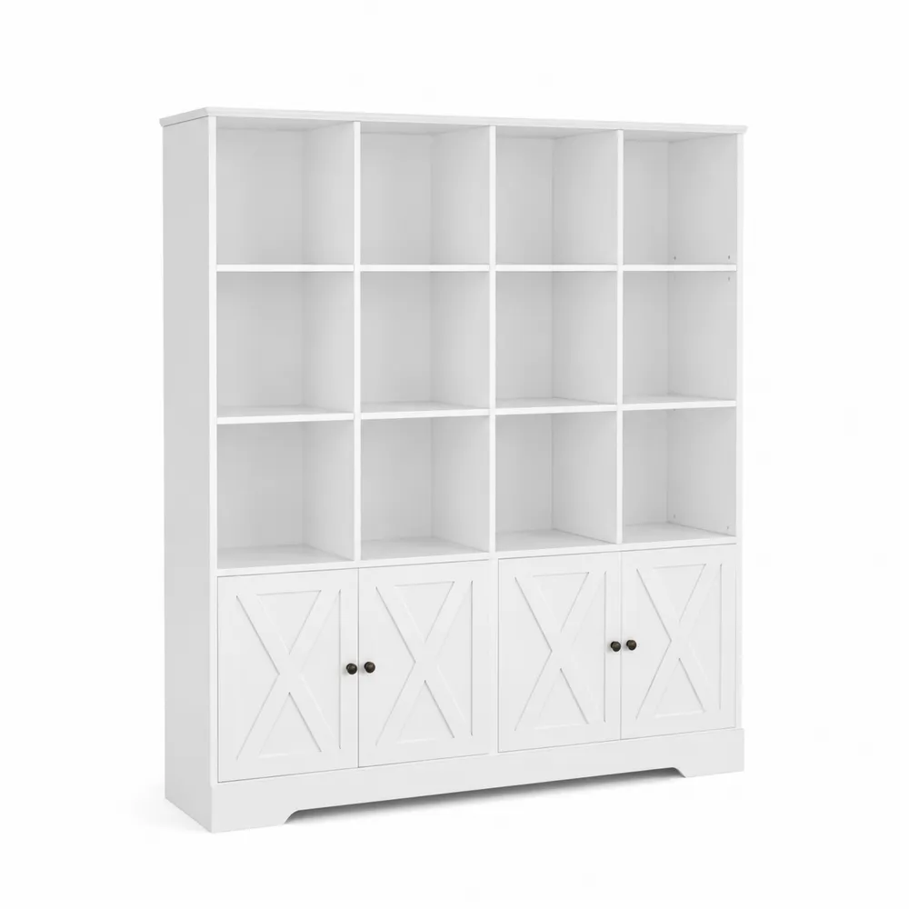 Estantería de MDF blanca con 12 cubículos y 4 puertas