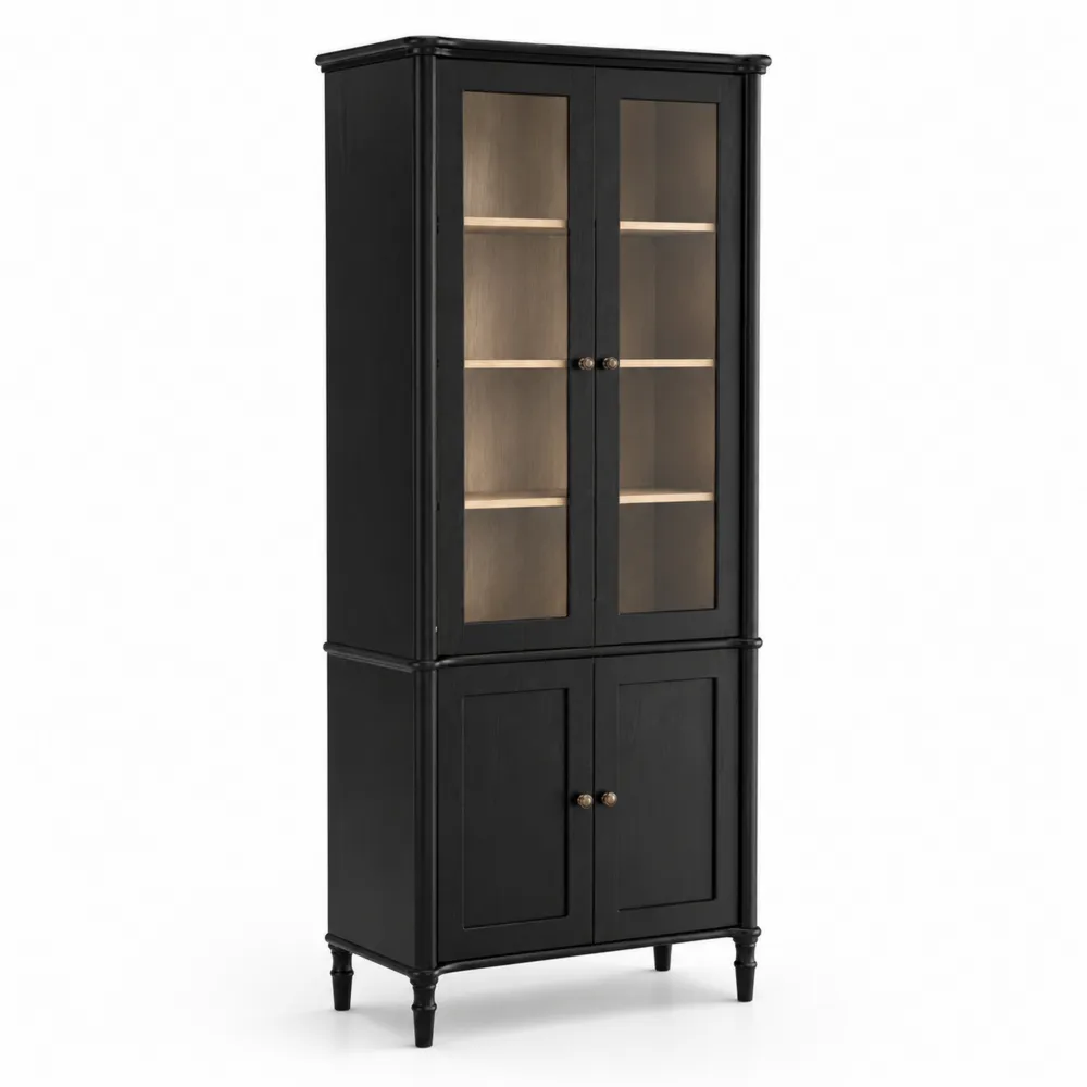 Vitrina de madera negro con puertas de vidrio templado