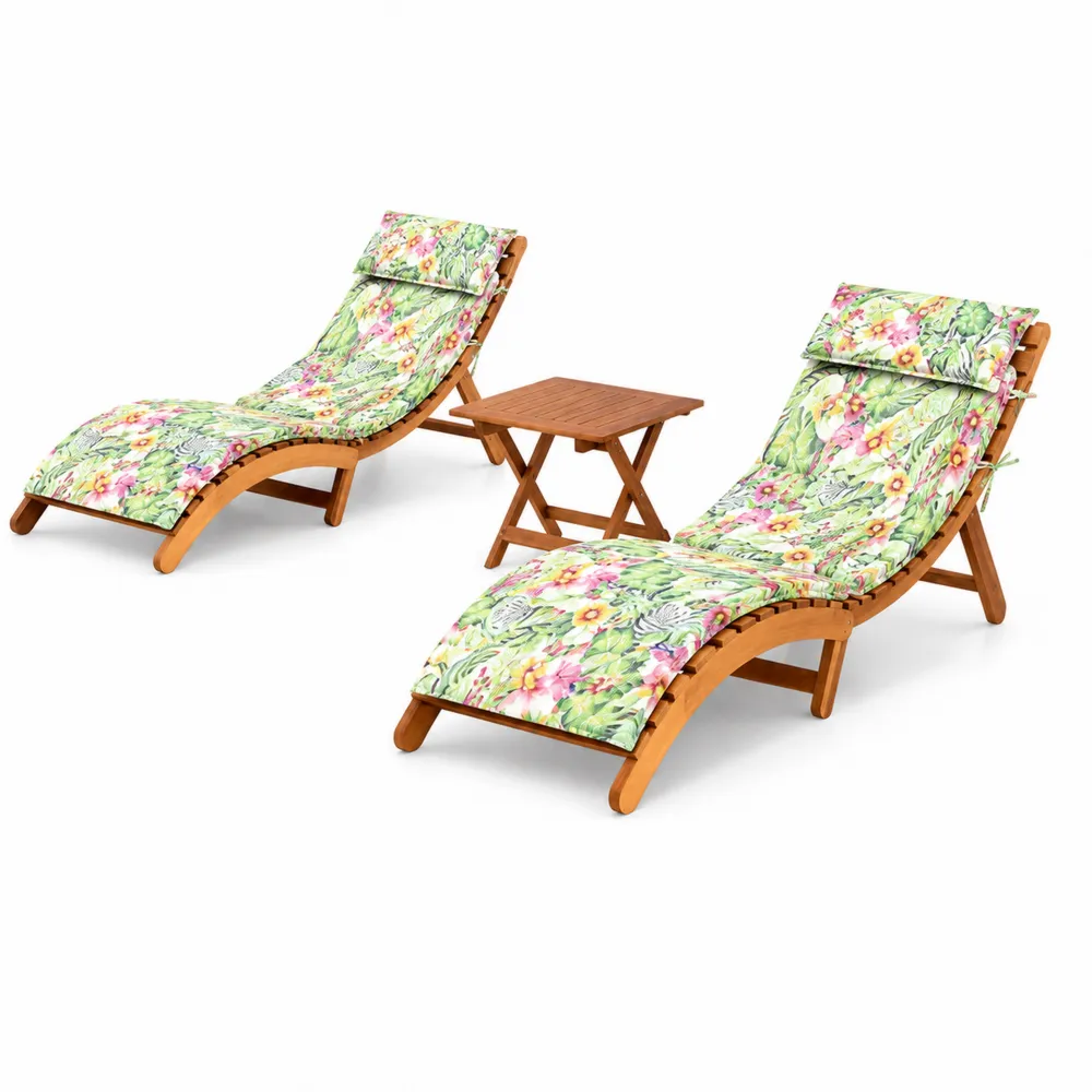 Conjunto de Tumbonas de Madera con Cojines Florales y Mesa