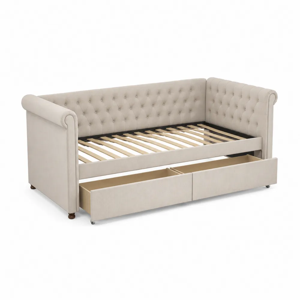 Sofá cama de día con cajones de Tela Beige