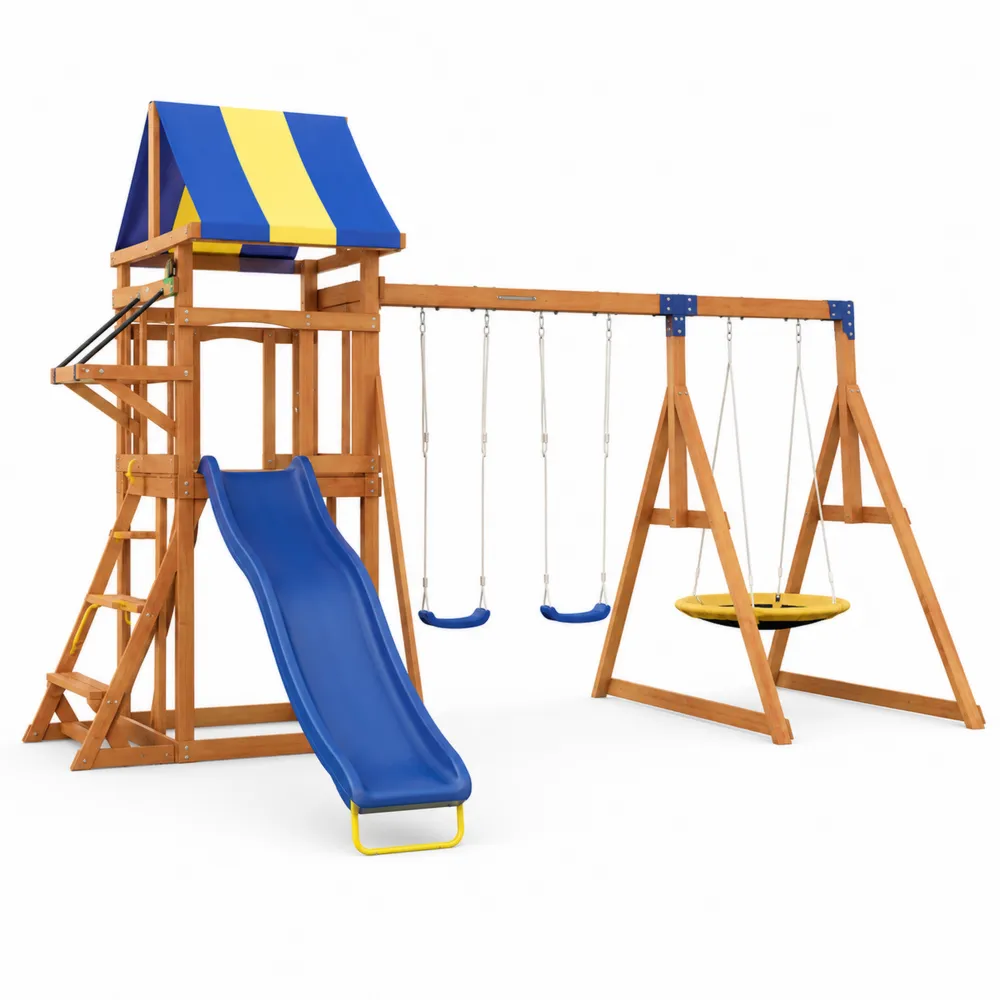 Estructura de juego infantil de madera con columpios y tobogán