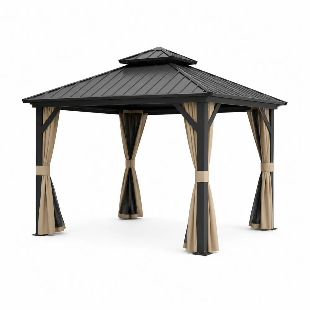 Pérgola de Aluminio con Techo de Acero y Cortinas de Poliéster 3x3 m