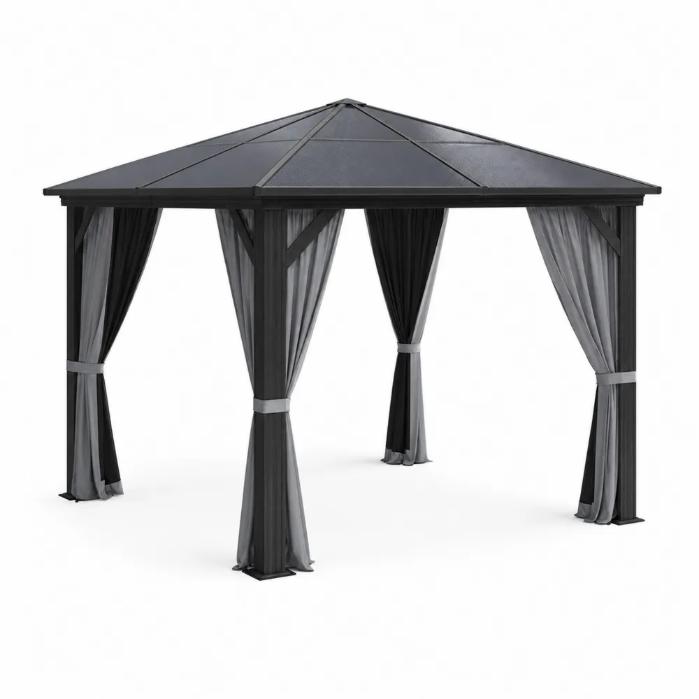 Gazebo de Aluminio Negro con Techo de Policarbonato y Cortinas de Poliéster 3x3m