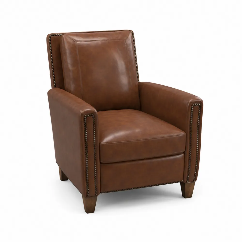 Sillón reclinable de cuero sintético marrón con patas de madera