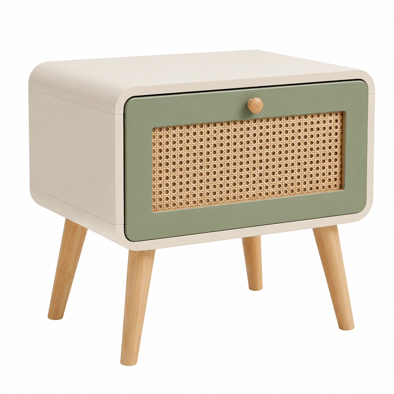 Mesita de noche nordica con cajon y rejilla de ratan color beige natural-Meubora