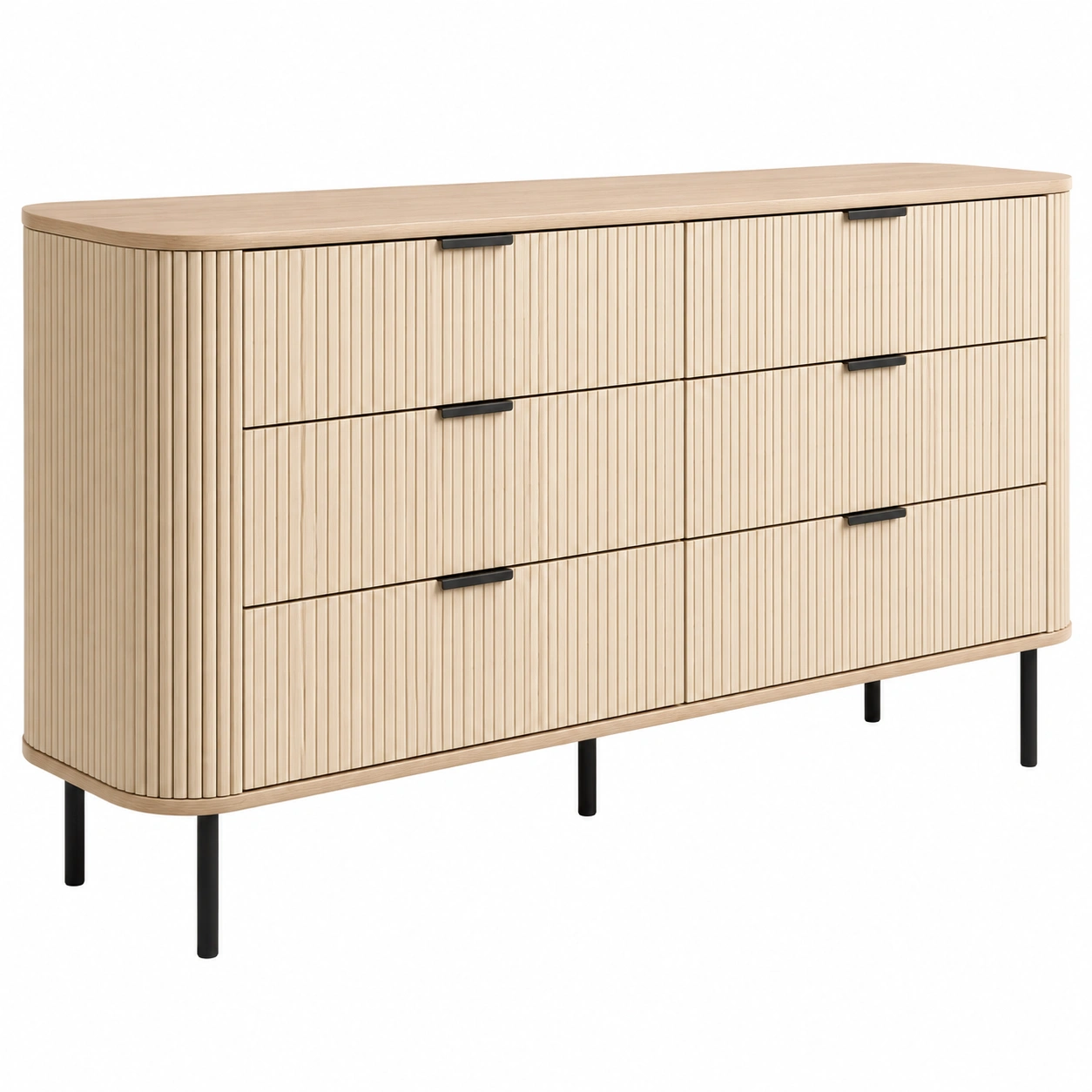 Comoda moderna de 6 cajones con diseno acanalado y patas metalicas-Meubora
