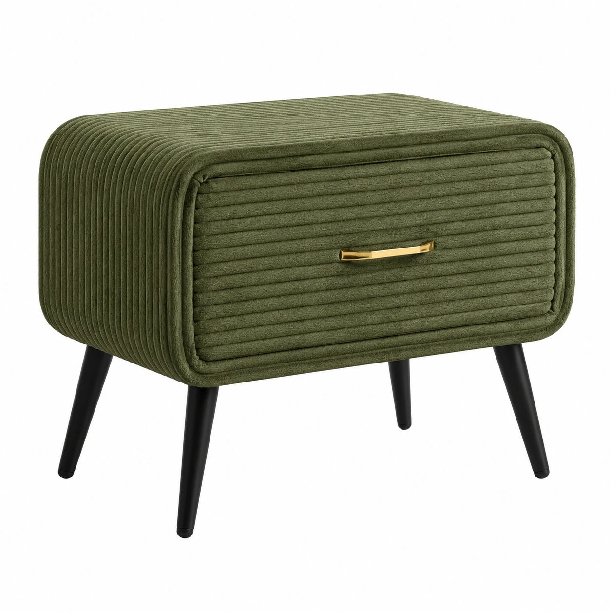 Mesita auxiliar tapizada con cajon y patas metalicas Verde oliva-Meubora