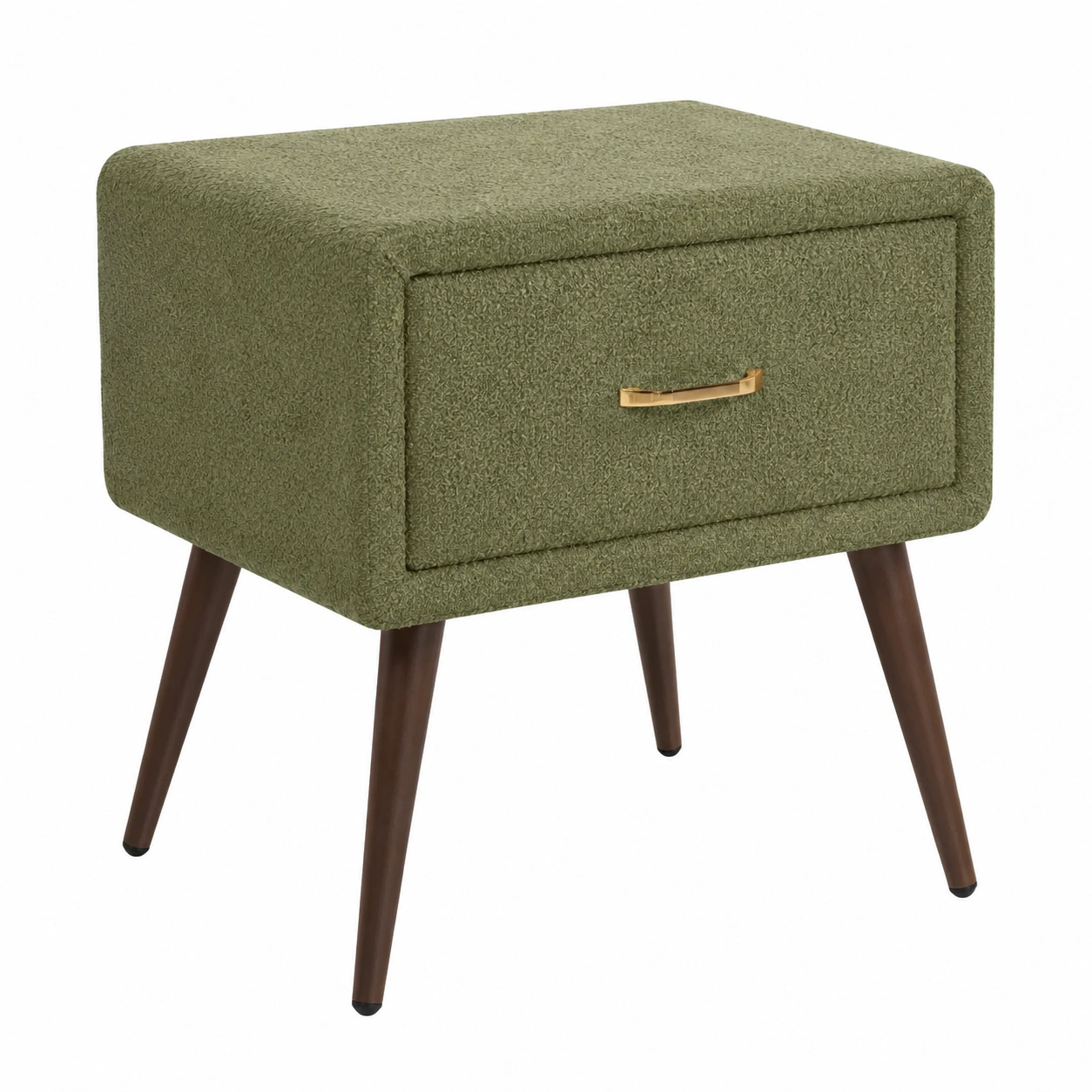 Mesita de noche moderna tapizada boucl e verde oliva con cajon y patas de madera-Meubora