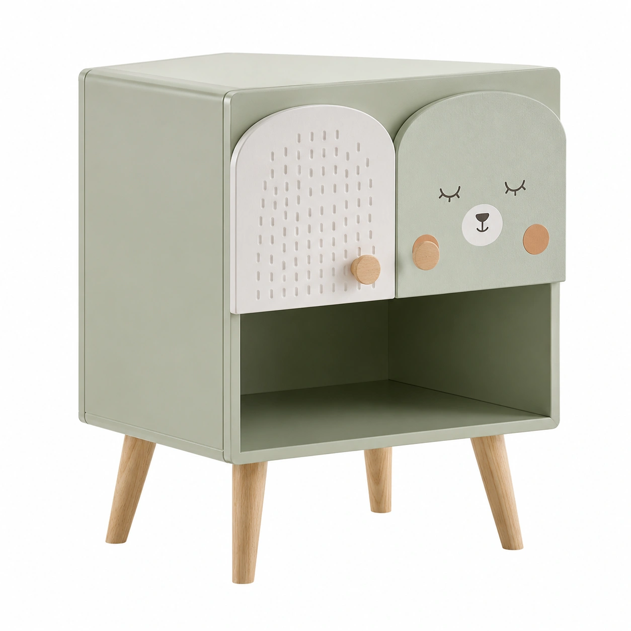 Mesita de noche infantil con 2 cajones y estante abierto Verde salvia estilo oso nordico-Meubora