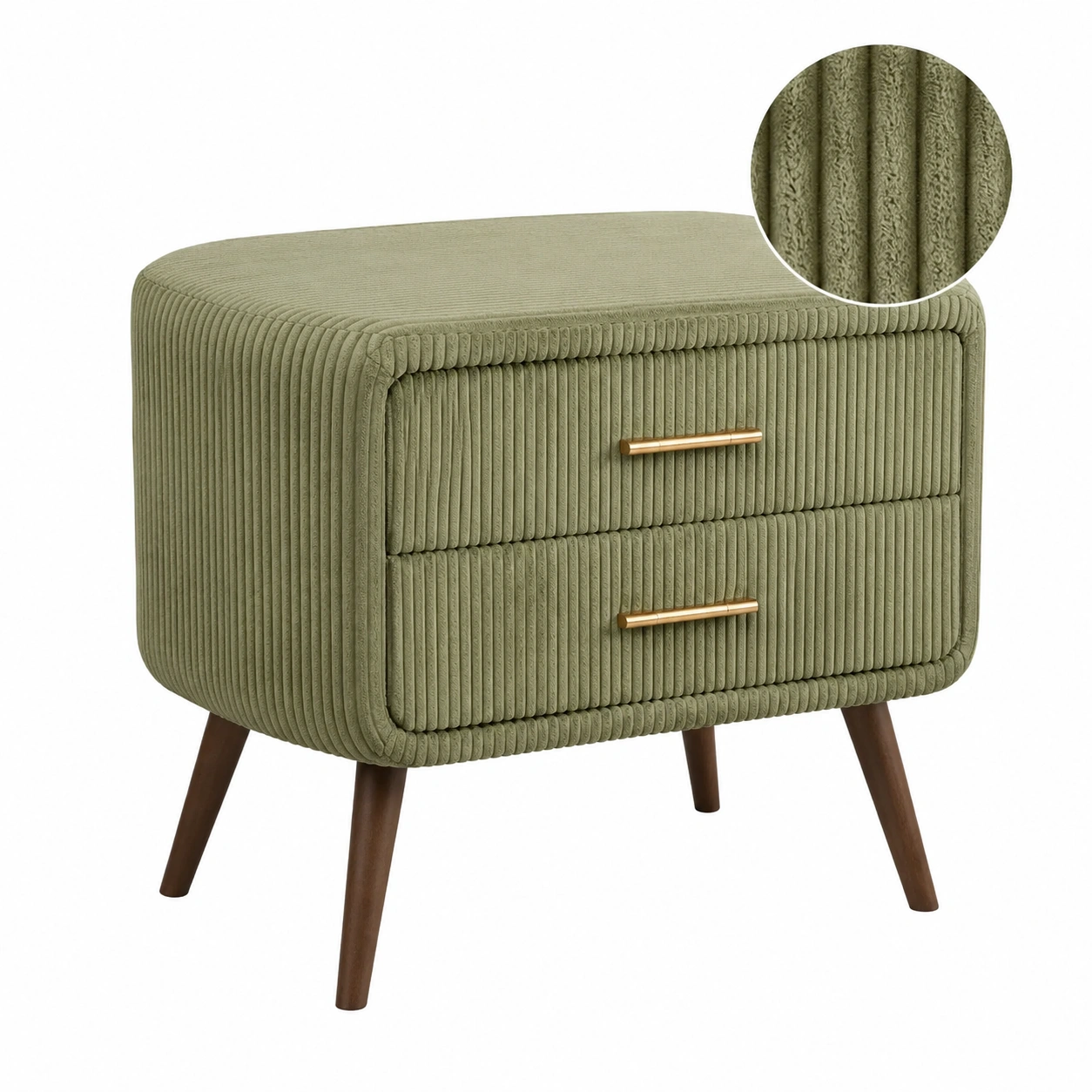 Mesita de noche nordica tapizada de pana verde oliva con 2 cajones y patas de madera-Meubora