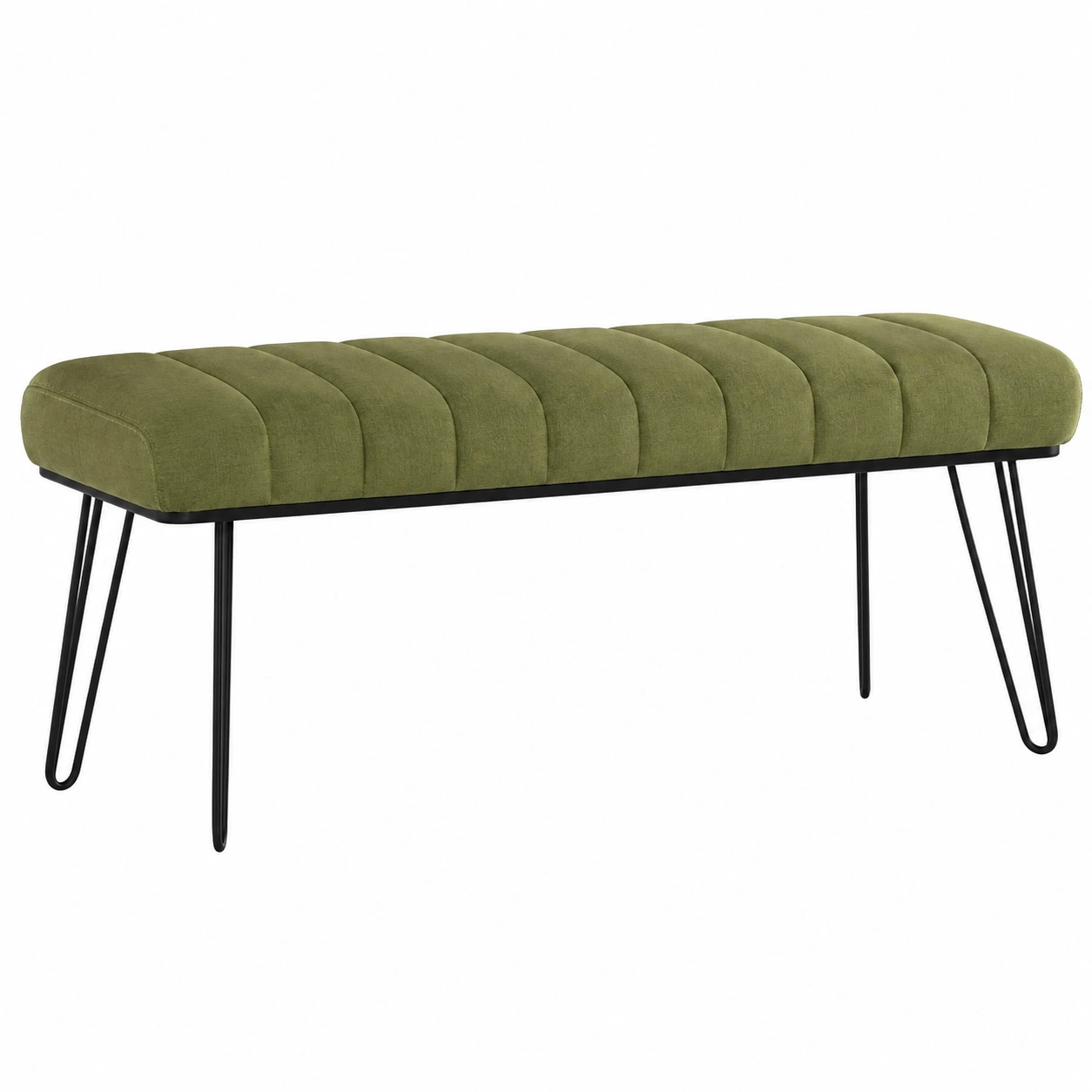 Banco tapizado moderno estilo nordico verde oliva con patas metalicas negras para dormitorio salon recibidor-Meubora