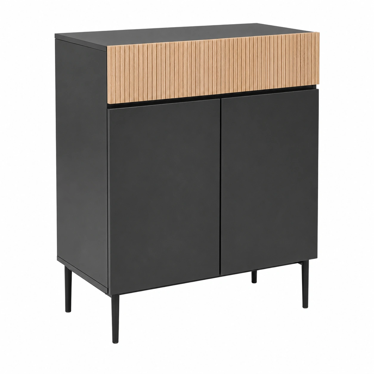 Aparador moderno de 2 puertas negro mate con detalle fresno natural y almacenamiento compacto-Meubora