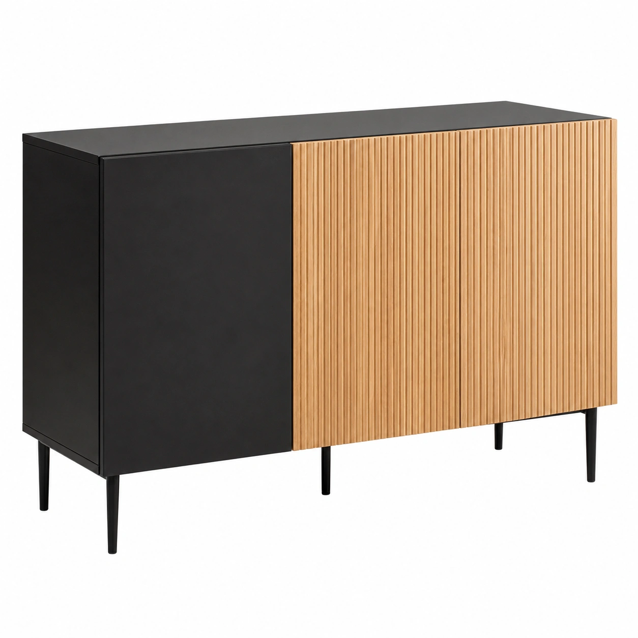 Aparador moderno de madera ranurada negra y natural con puertas dobles-Meubora
