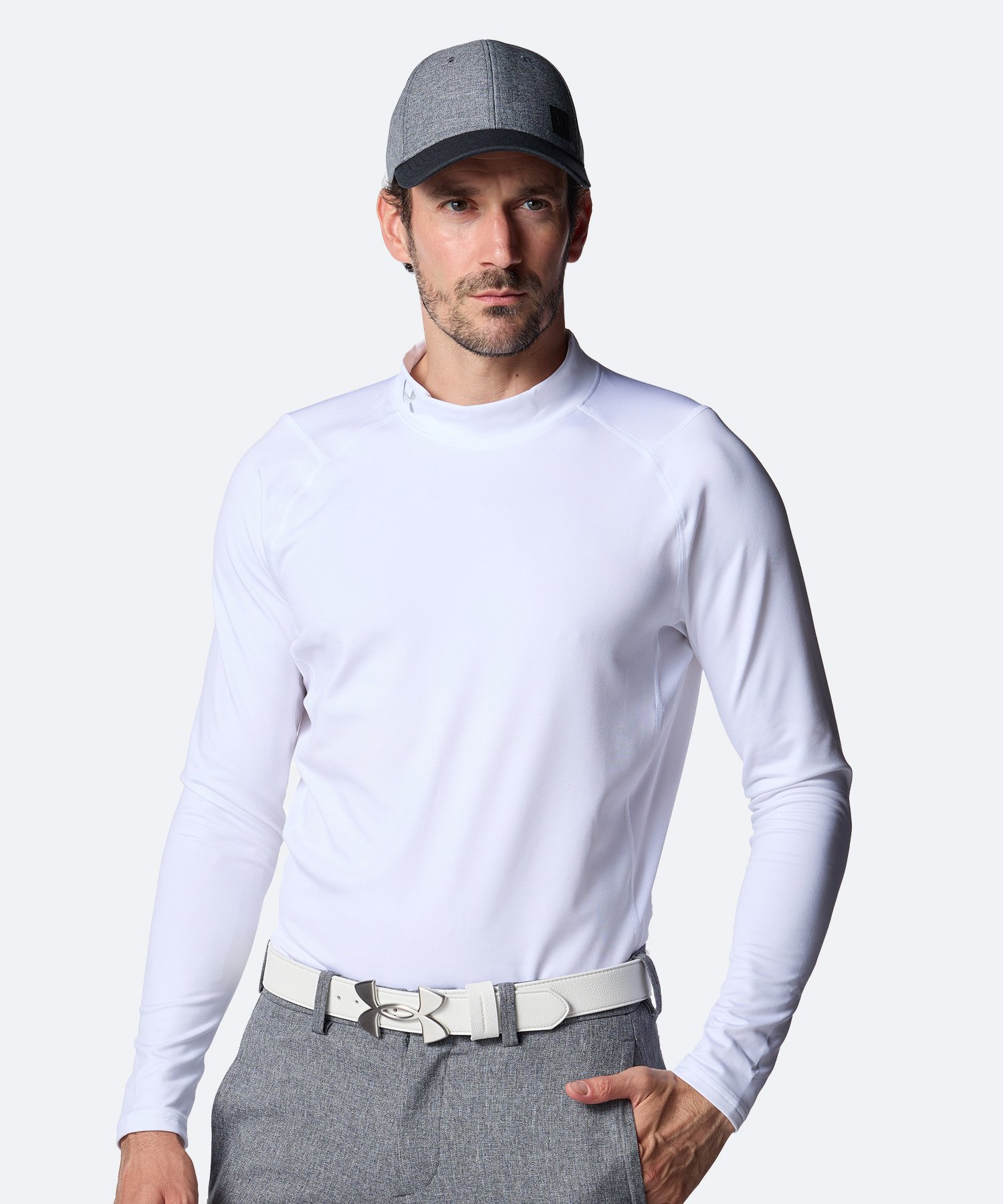 UAコールドギア フィッティド ロングスリーブ モックネック シャツ（ゴルフ/MEN） White / Halo Gray(100)